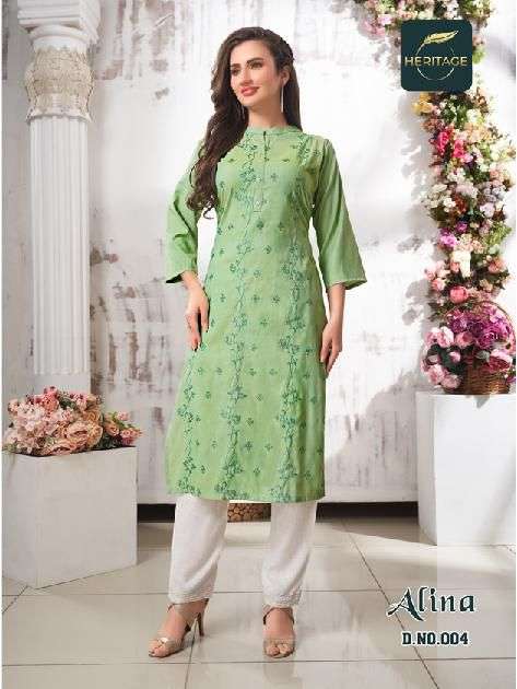 ALINA BY HERITAGE 001 TO 006 SERIES BEAUTIFUL STYLISH FANCY COLORFUL CASUAL WEAR & ETHNIC WEAR RAYON KURTIS WITH BOTTOM AT WHOLESALE PRICE