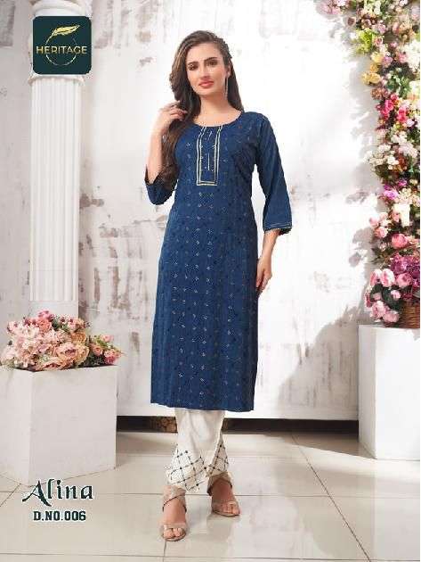 ALINA BY HERITAGE 001 TO 006 SERIES BEAUTIFUL STYLISH FANCY COLORFUL CASUAL WEAR & ETHNIC WEAR RAYON KURTIS WITH BOTTOM AT WHOLESALE PRICE