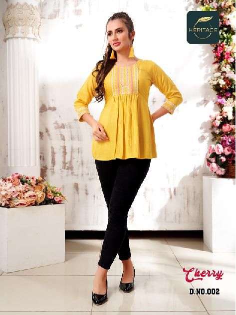 CHERRY BY HERITAGE 001 TO 006 SERIES BEAUTIFUL STYLISH FANCY COLORFUL CASUAL WEAR & ETHNIC WEAR RAYON SLUB TOPS AT WHOLESALE PRICE