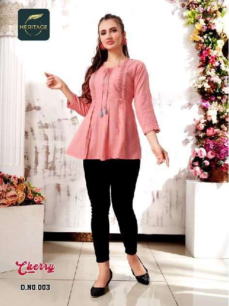CHERRY BY HERITAGE 001 TO 006 SERIES BEAUTIFUL STYLISH FANCY COLORFUL CASUAL WEAR & ETHNIC WEAR RAYON SLUB TOPS AT WHOLESALE PRICE