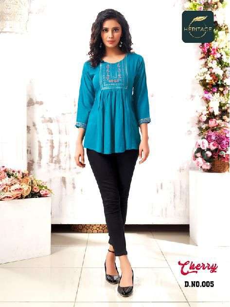 CHERRY BY HERITAGE 001 TO 006 SERIES BEAUTIFUL STYLISH FANCY COLORFUL CASUAL WEAR & ETHNIC WEAR RAYON SLUB TOPS AT WHOLESALE PRICE