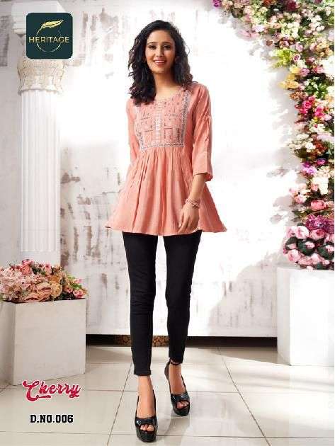 CHERRY BY HERITAGE 001 TO 006 SERIES BEAUTIFUL STYLISH FANCY COLORFUL CASUAL WEAR & ETHNIC WEAR RAYON SLUB TOPS AT WHOLESALE PRICE