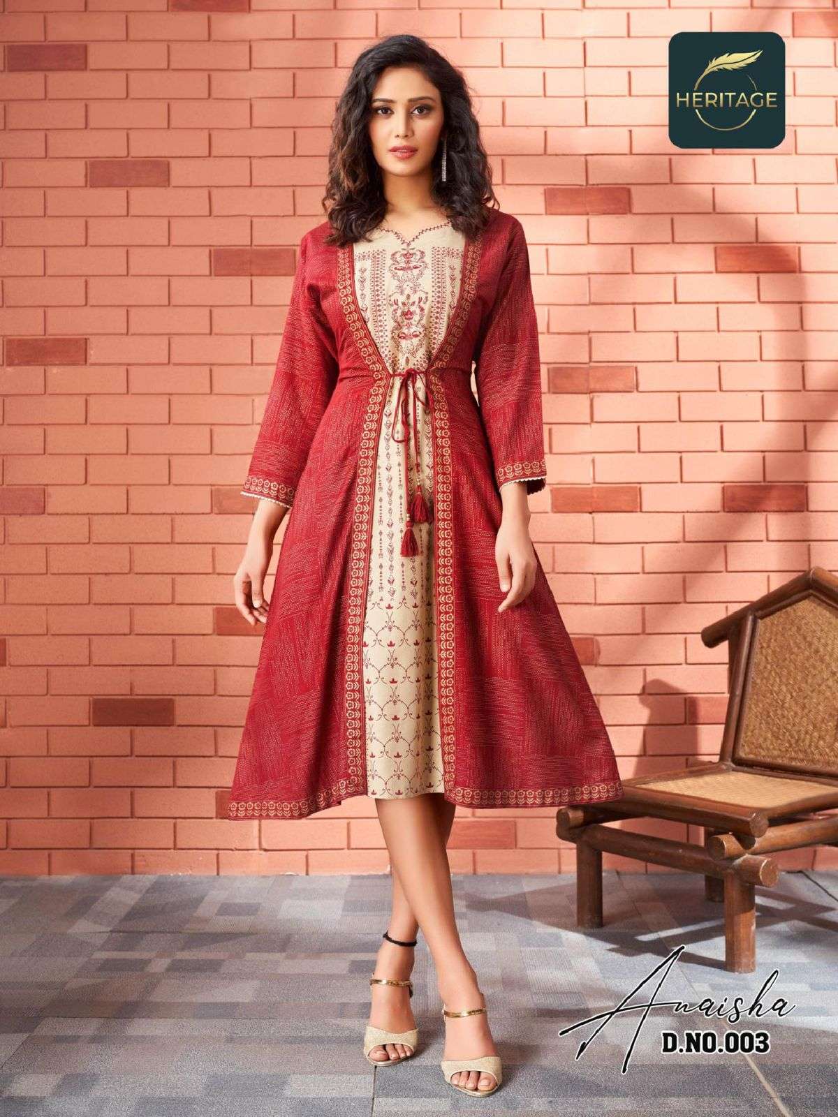 ANAISHA BY HERITAGE 001 TO 005 SERIES BEAUTIFUL STYLISH FANCY COLORFUL CASUAL WEAR & ETHNIC WEAR RAYON KURTIS WITH JACKETS AT WHOLESALE PRICE