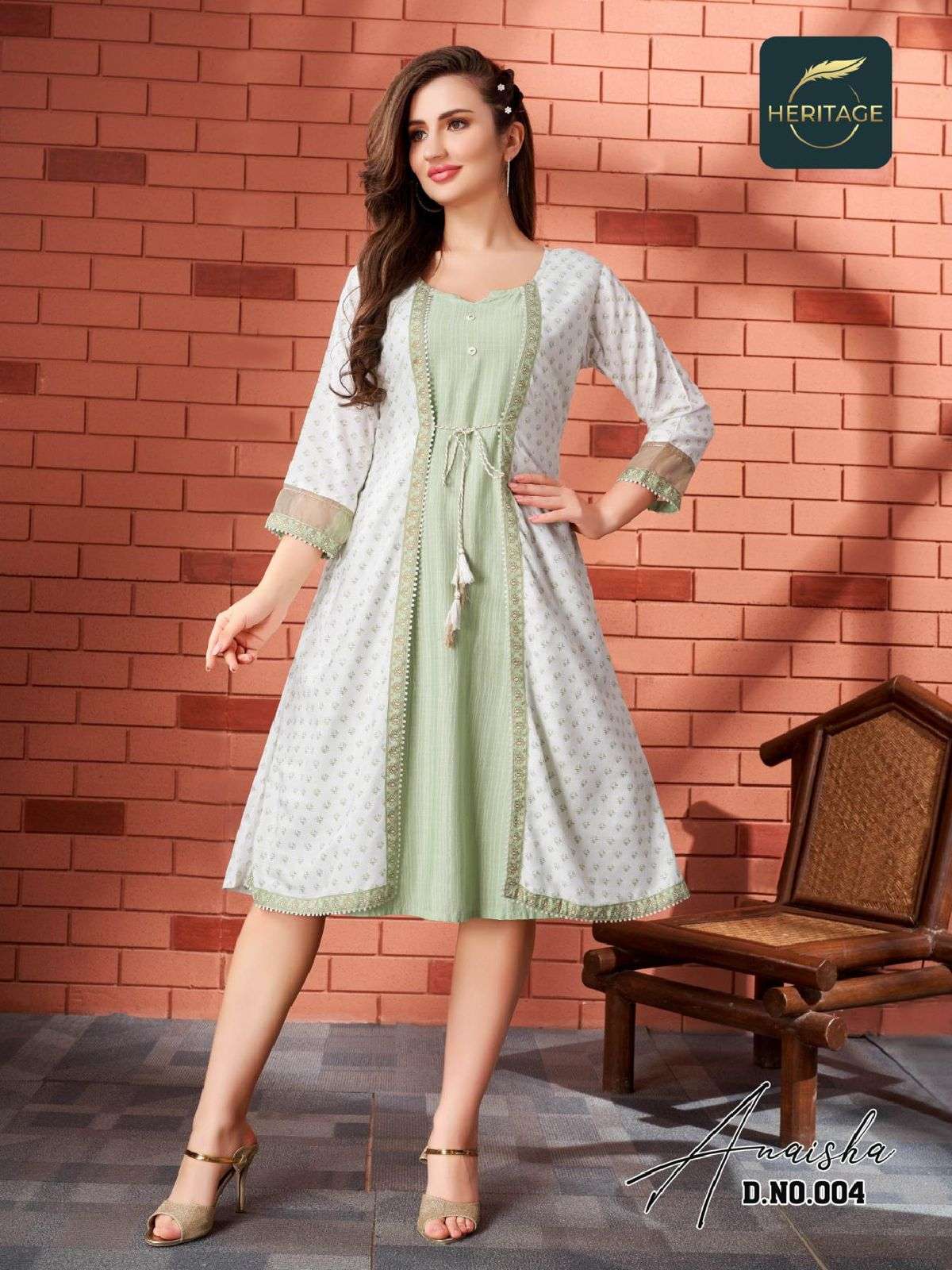 ANAISHA BY HERITAGE 001 TO 005 SERIES BEAUTIFUL STYLISH FANCY COLORFUL CASUAL WEAR & ETHNIC WEAR RAYON KURTIS WITH JACKETS AT WHOLESALE PRICE