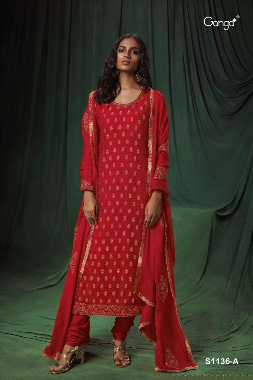 KAIA-1136 BY GANGA FASHION 1136-A TO 1136-C SERIES BEAUTIFUL SUITS COLORFUL STYLISH FANCY CASUAL WEAR & ETHNIC WEAR BEMBERG CHIFFON JACQUARD DRESSES AT WHOLESALE PRICE