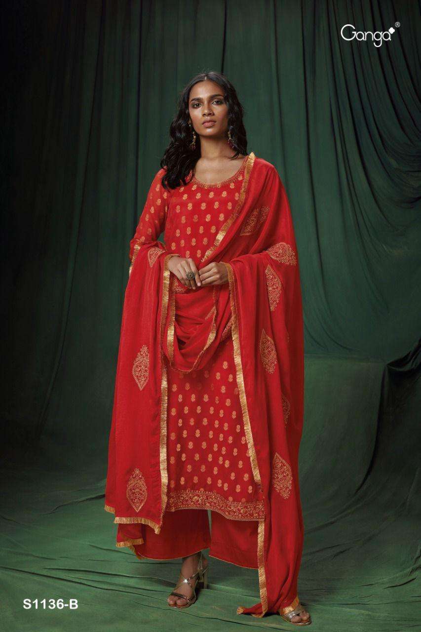 KAIA-1136 BY GANGA FASHION 1136-A TO 1136-C SERIES BEAUTIFUL SUITS COLORFUL STYLISH FANCY CASUAL WEAR & ETHNIC WEAR BEMBERG CHIFFON JACQUARD DRESSES AT WHOLESALE PRICE