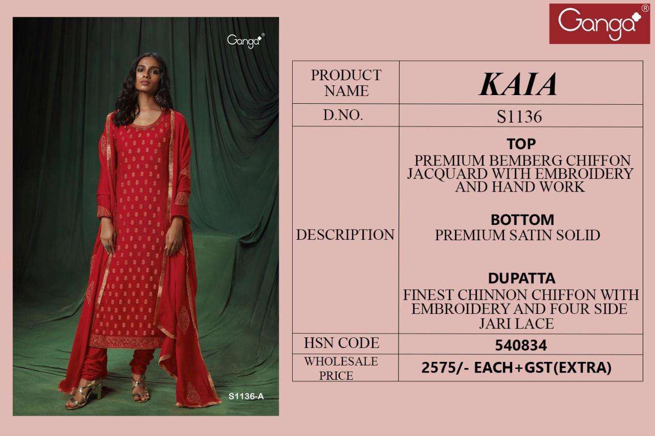 KAIA-1136 BY GANGA FASHION 1136-A TO 1136-C SERIES BEAUTIFUL SUITS COLORFUL STYLISH FANCY CASUAL WEAR & ETHNIC WEAR BEMBERG CHIFFON JACQUARD DRESSES AT WHOLESALE PRICE