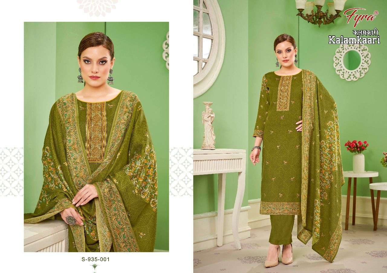 KALAMKAARI BY FYRA 935-001 TO 935-008 SERIES DESIGNER SUITS BEAUTIFUL FANCY COLORFUL STYLISH PARTY WEAR & OCCASIONAL WEAR PURE PASHMINA PRINT DRESSES AT WHOLESALE PRICE