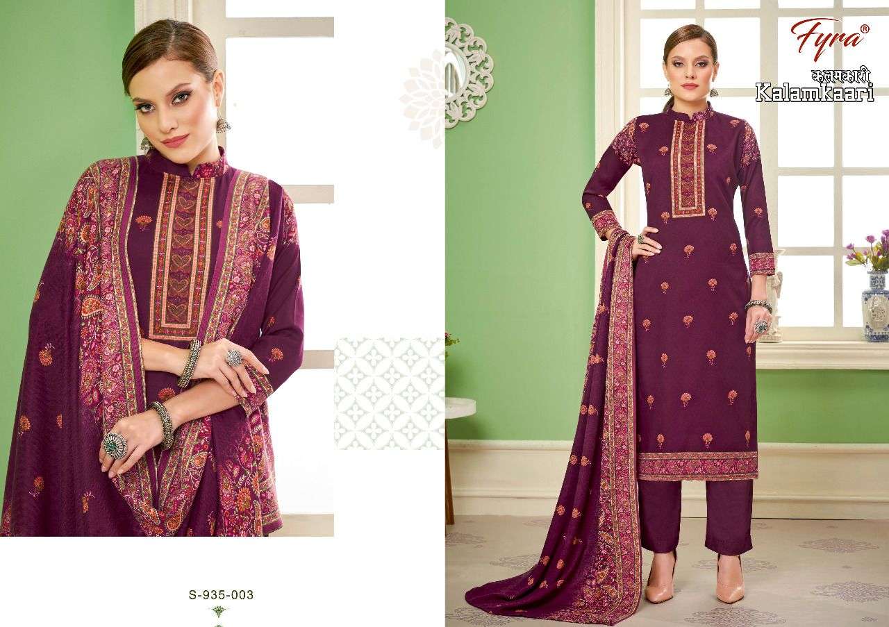 KALAMKAARI BY FYRA 935-001 TO 935-008 SERIES DESIGNER SUITS BEAUTIFUL FANCY COLORFUL STYLISH PARTY WEAR & OCCASIONAL WEAR PURE PASHMINA PRINT DRESSES AT WHOLESALE PRICE