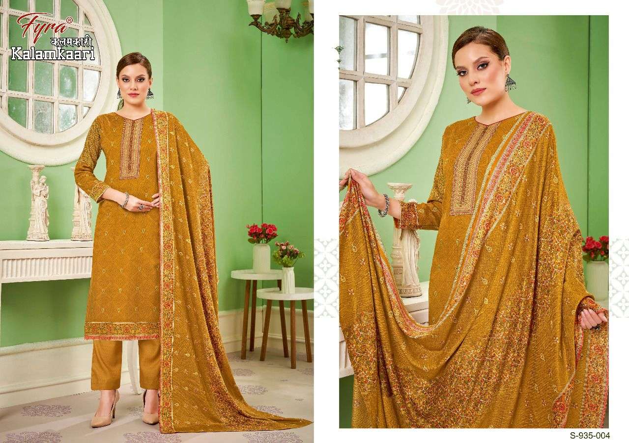 KALAMKAARI BY FYRA 935-001 TO 935-008 SERIES DESIGNER SUITS BEAUTIFUL FANCY COLORFUL STYLISH PARTY WEAR & OCCASIONAL WEAR PURE PASHMINA PRINT DRESSES AT WHOLESALE PRICE