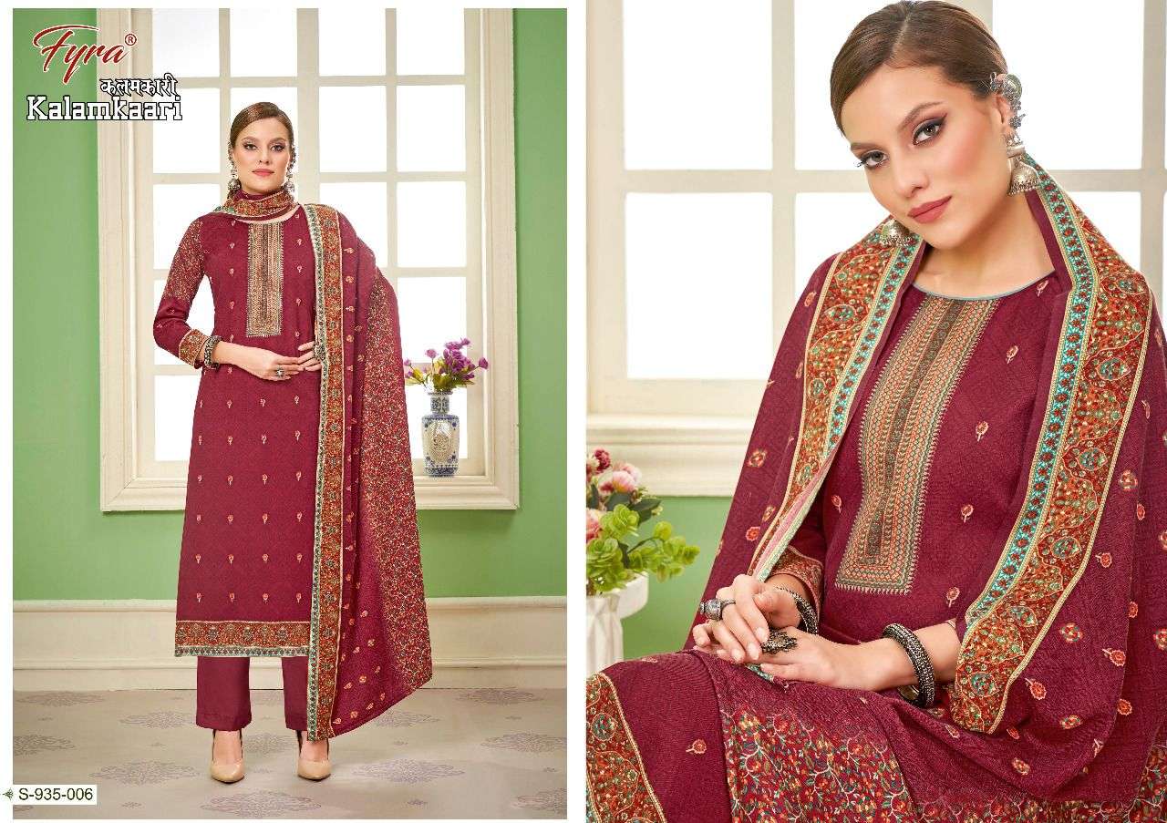 KALAMKAARI BY FYRA 935-001 TO 935-008 SERIES DESIGNER SUITS BEAUTIFUL FANCY COLORFUL STYLISH PARTY WEAR & OCCASIONAL WEAR PURE PASHMINA PRINT DRESSES AT WHOLESALE PRICE