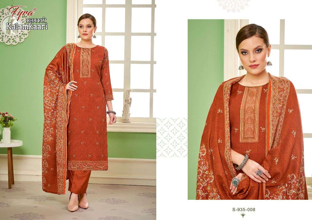 KALAMKAARI BY FYRA 935-001 TO 935-008 SERIES DESIGNER SUITS BEAUTIFUL FANCY COLORFUL STYLISH PARTY WEAR & OCCASIONAL WEAR PURE PASHMINA PRINT DRESSES AT WHOLESALE PRICE