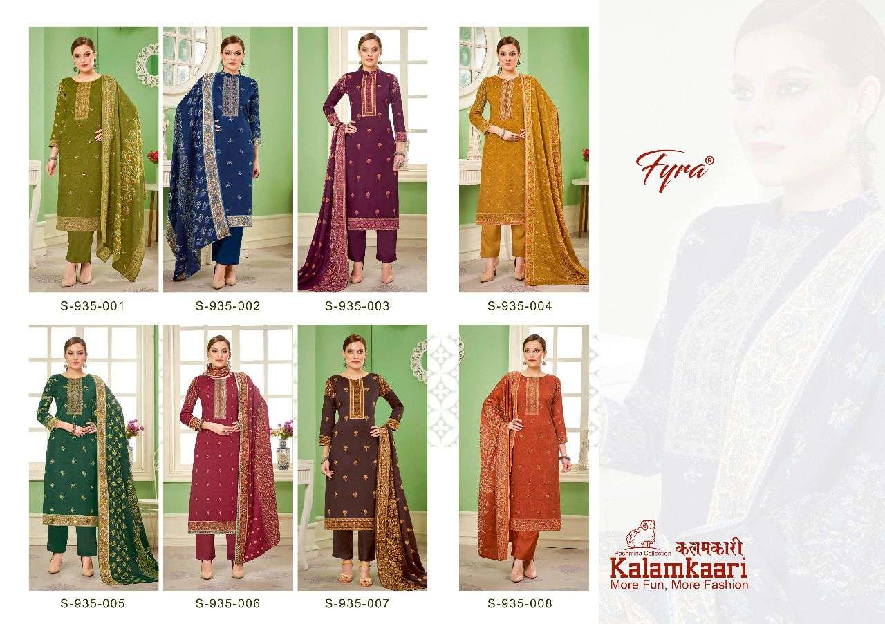 KALAMKAARI BY FYRA 935-001 TO 935-008 SERIES DESIGNER SUITS BEAUTIFUL FANCY COLORFUL STYLISH PARTY WEAR & OCCASIONAL WEAR PURE PASHMINA PRINT DRESSES AT WHOLESALE PRICE