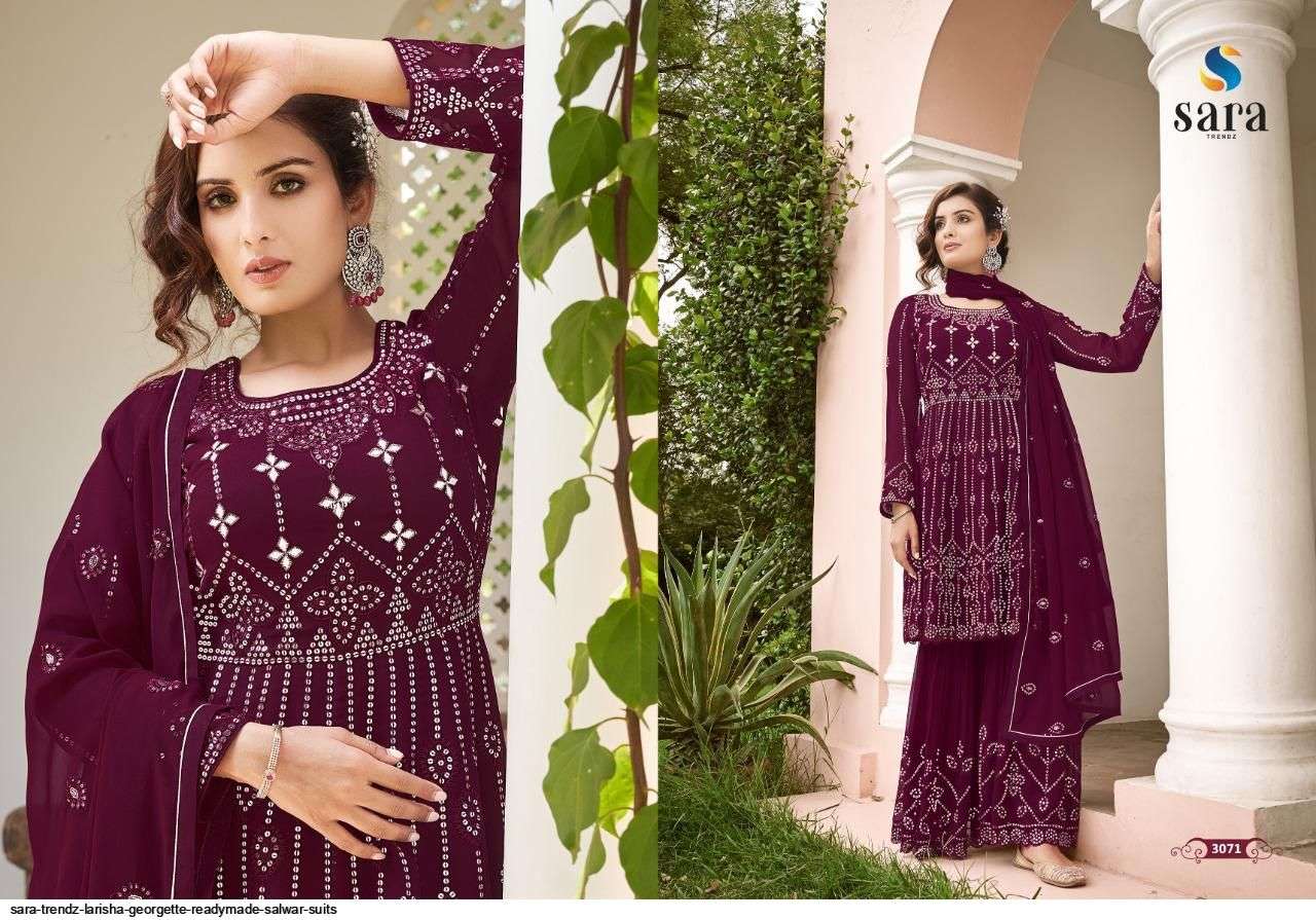 LARISHA BY SARA TRENDZ 3071 TO 3074 SERIES BEAUTIFUL SHARARA SUITS COLORFUL STYLISH FANCY CASUAL WEAR & ETHNIC WEAR GEORGETTE EMBROIDERED DRESSES AT WHOLESALE PRICE