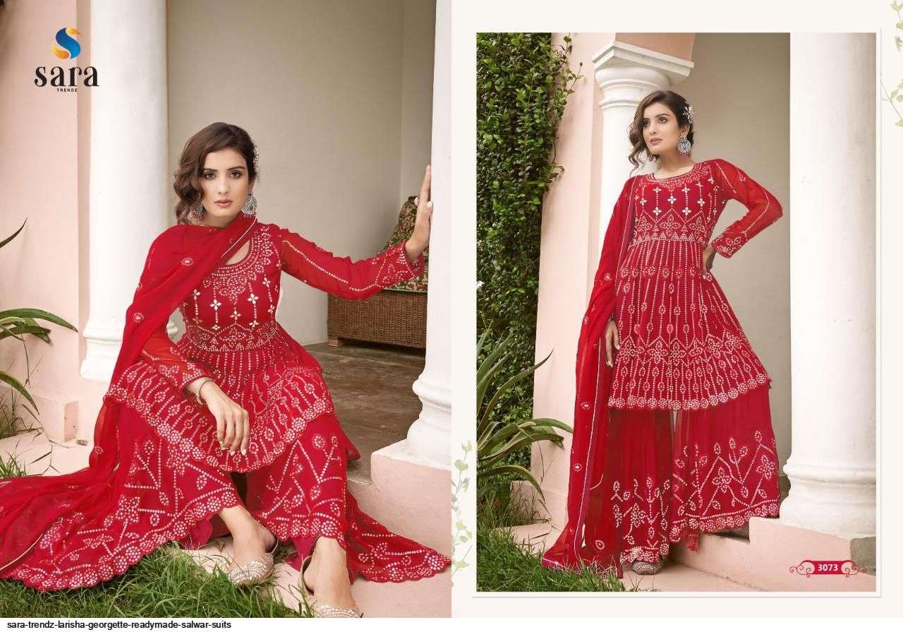 LARISHA BY SARA TRENDZ 3071 TO 3074 SERIES BEAUTIFUL SHARARA SUITS COLORFUL STYLISH FANCY CASUAL WEAR & ETHNIC WEAR GEORGETTE EMBROIDERED DRESSES AT WHOLESALE PRICE