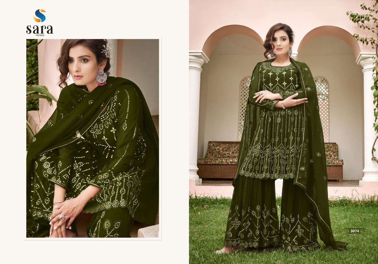 LARISHA BY SARA TRENDZ 3071 TO 3074 SERIES BEAUTIFUL SHARARA SUITS COLORFUL STYLISH FANCY CASUAL WEAR & ETHNIC WEAR GEORGETTE EMBROIDERED DRESSES AT WHOLESALE PRICE