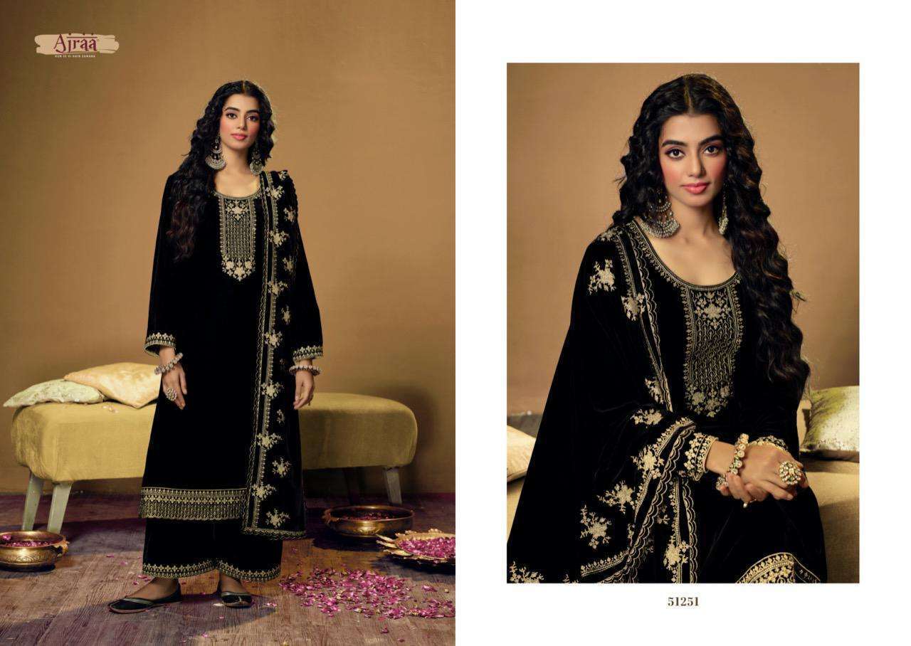 ZOHRA BY AJRAA 51251 TO 51255 SERIES INDIAN SUITS BEAUTIFUL FANCY COLORFUL STYLISH PARTY WEAR & OCCASIONAL WEAR VELVET EMBROIDERY DRESSES AT WHOLESALE PRICE