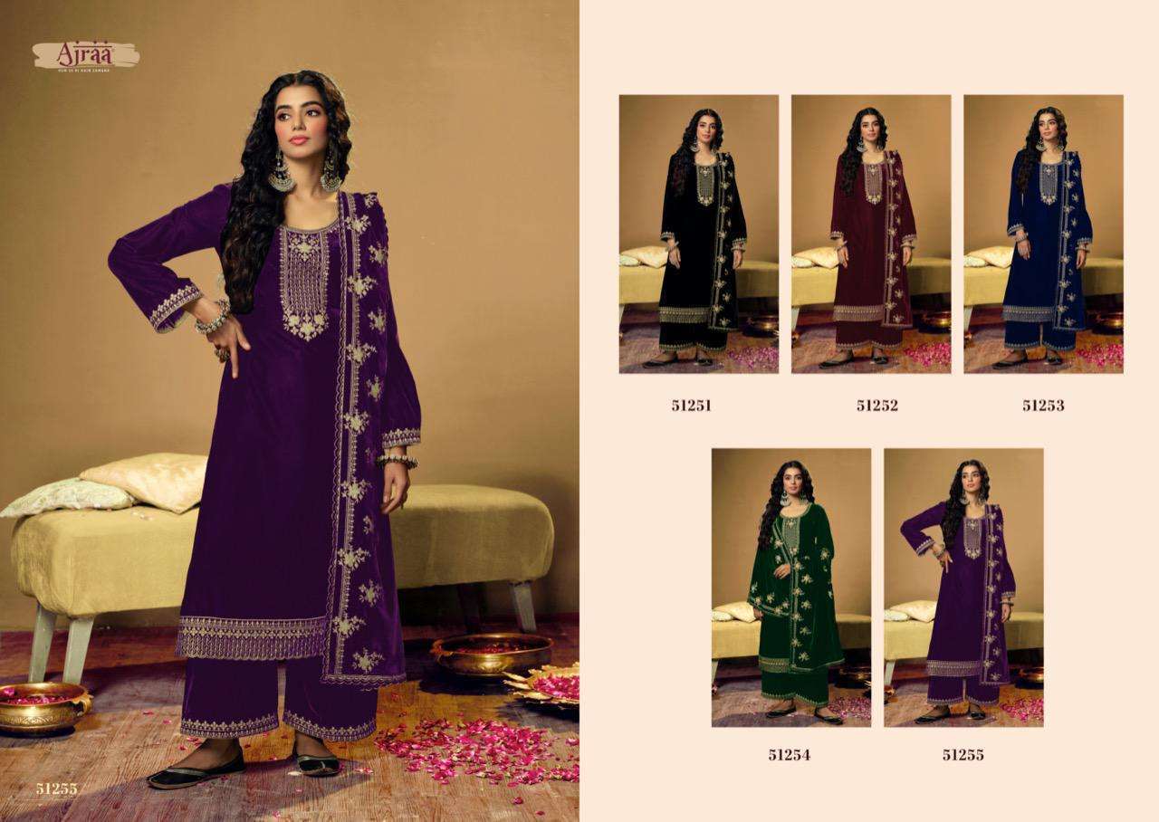 ZOHRA BY AJRAA 51251 TO 51255 SERIES INDIAN SUITS BEAUTIFUL FANCY COLORFUL STYLISH PARTY WEAR & OCCASIONAL WEAR VELVET EMBROIDERY DRESSES AT WHOLESALE PRICE