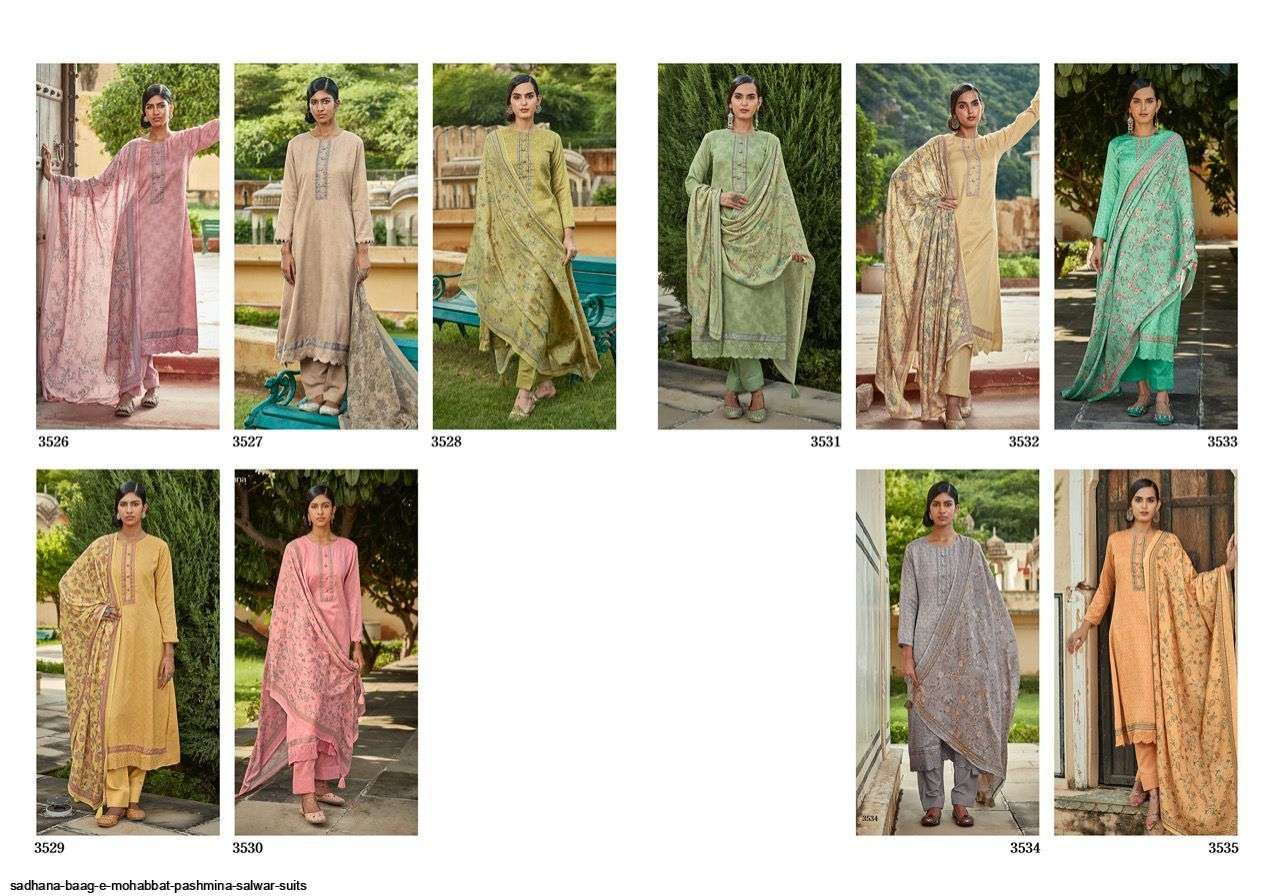 BAAG E MOHABBAT BY SADHANA FASHION 3526 TO 3535 SERIES INDIAN SUITS BEAUTIFUL FANCY COLORFUL STYLISH PARTY WEAR & OCCASIONAL WEAR PURE PASHMINA DRESSES AT WHOLESALE PRICE