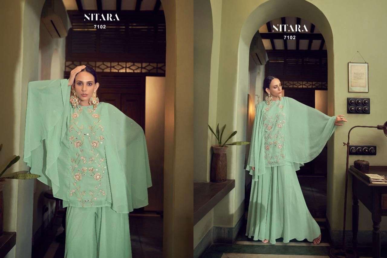 GHAZAL VOL-3 BY NITARA 7101 TO 7104 SERIES BEAUTIFUL STYLISH FANCY COLORFUL CASUAL WEAR & ETHNIC WEAR GEORGETTE KURTIS WITH BOTTOM AT WHOLESALE PRICE