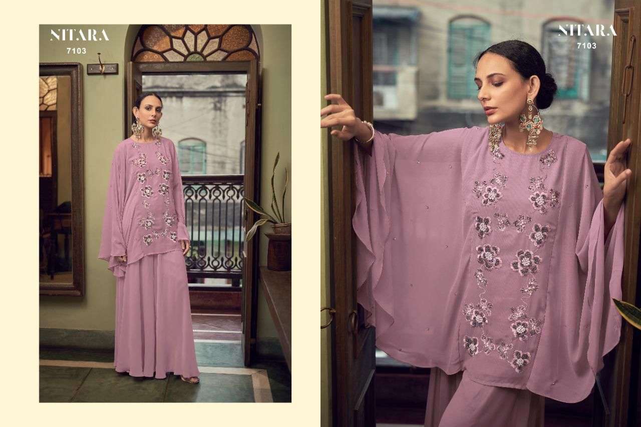 GHAZAL VOL-3 BY NITARA 7101 TO 7104 SERIES BEAUTIFUL STYLISH FANCY COLORFUL CASUAL WEAR & ETHNIC WEAR GEORGETTE KURTIS WITH BOTTOM AT WHOLESALE PRICE