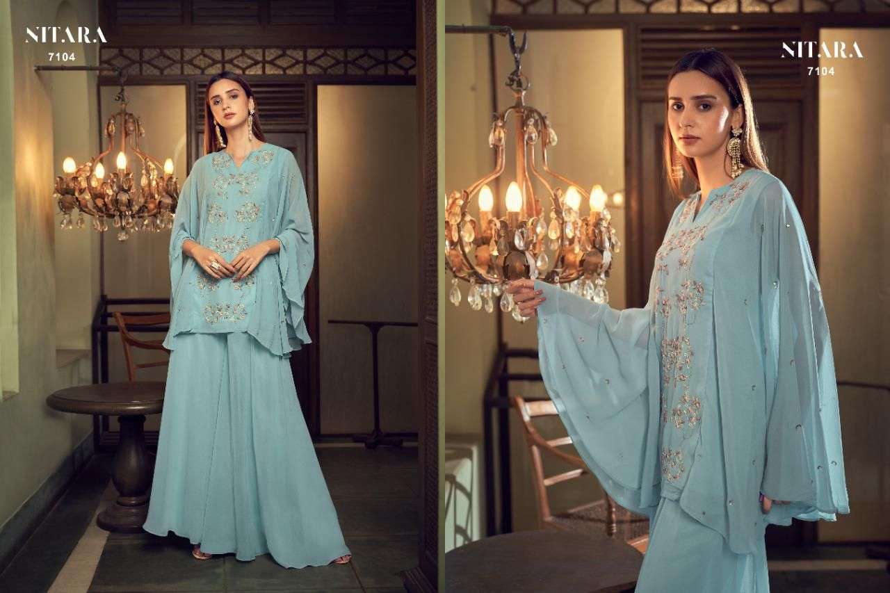 GHAZAL VOL-3 BY NITARA 7101 TO 7104 SERIES BEAUTIFUL STYLISH FANCY COLORFUL CASUAL WEAR & ETHNIC WEAR GEORGETTE KURTIS WITH BOTTOM AT WHOLESALE PRICE
