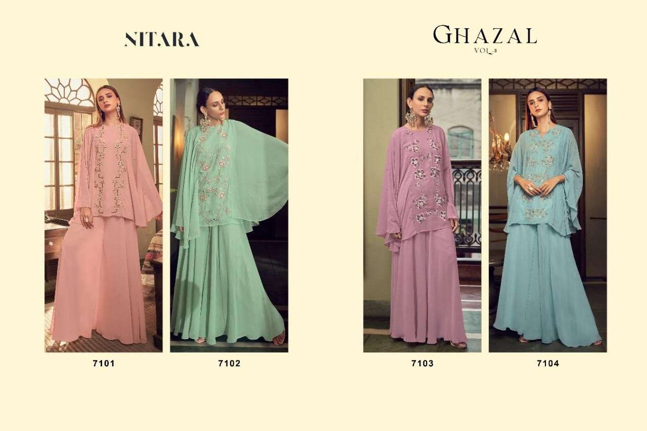 GHAZAL VOL-3 BY NITARA 7101 TO 7104 SERIES BEAUTIFUL STYLISH FANCY COLORFUL CASUAL WEAR & ETHNIC WEAR GEORGETTE KURTIS WITH BOTTOM AT WHOLESALE PRICE