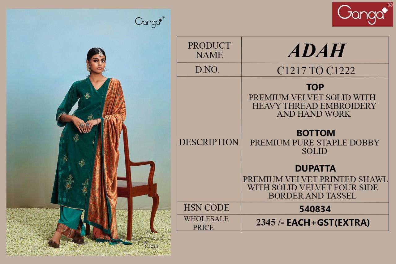 ADAH BY GANGA FASHION 1217 TO 1222 SERIES BEAUTIFUL SUMMER COLLECTION PAKISATNI SUITS STYLISH FANCY COLORFUL CASUAL WEAR & ETHNIC WEAR PURE VELVET DRESSES AT WHOLESALE PRICE