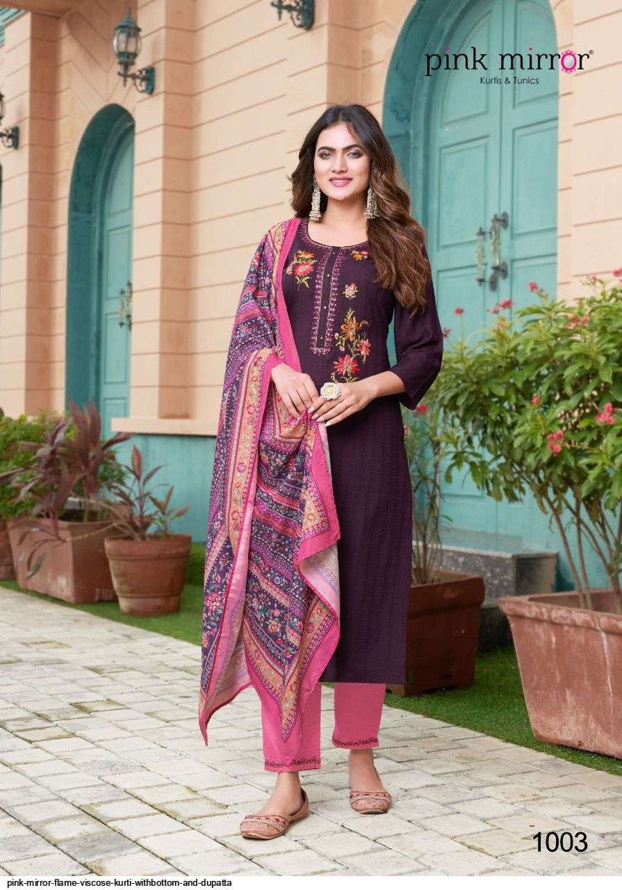 FLAME BY PINK MIRROR 1001 TO 1006 SERIES BEAUTIFUL SUMMER COLLECTION PAKISATNI SUITS STYLISH FANCY COLORFUL CASUAL WEAR & ETHNIC WEAR VISCOSE EMBROIDERY DRESSES AT WHOLESALE PRICE