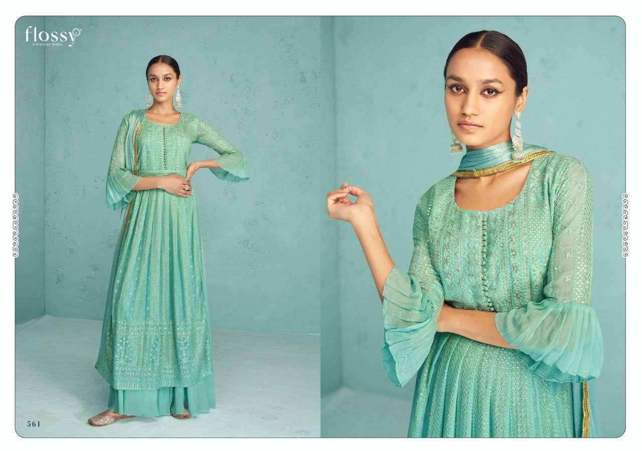 NAKSH VOL-4 BY FLOSSY 561 TO 563 SERIES BEAUTIFUL SUITS COLORFUL STYLISH FANCY CASUAL WEAR & ETHNIC WEAR GEORGETTE EMBROIDERED DRESSES AT WHOLESALE PRICE