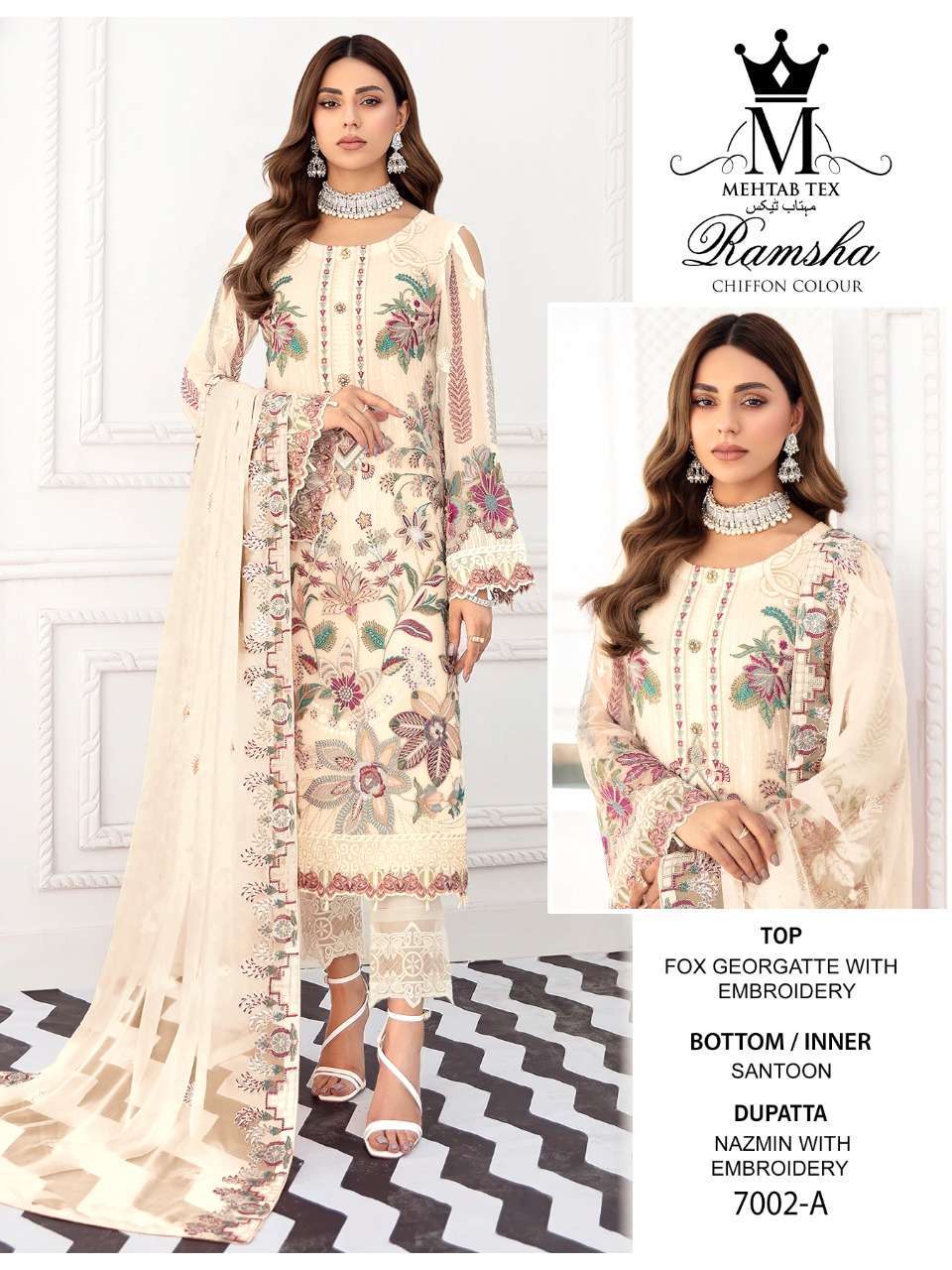 RAMSHA CHIFFON COLOUR BY MEHTAB TEX 7002-A TO 7002-D SERIES BEAUTIFUL PAKISTANI SUITS COLORFUL STYLISH FANCY CASUAL WEAR & ETHNIC WEAR FAUX GEORGETTE EMBROIDERED DRESSES AT WHOLESALE PRICE