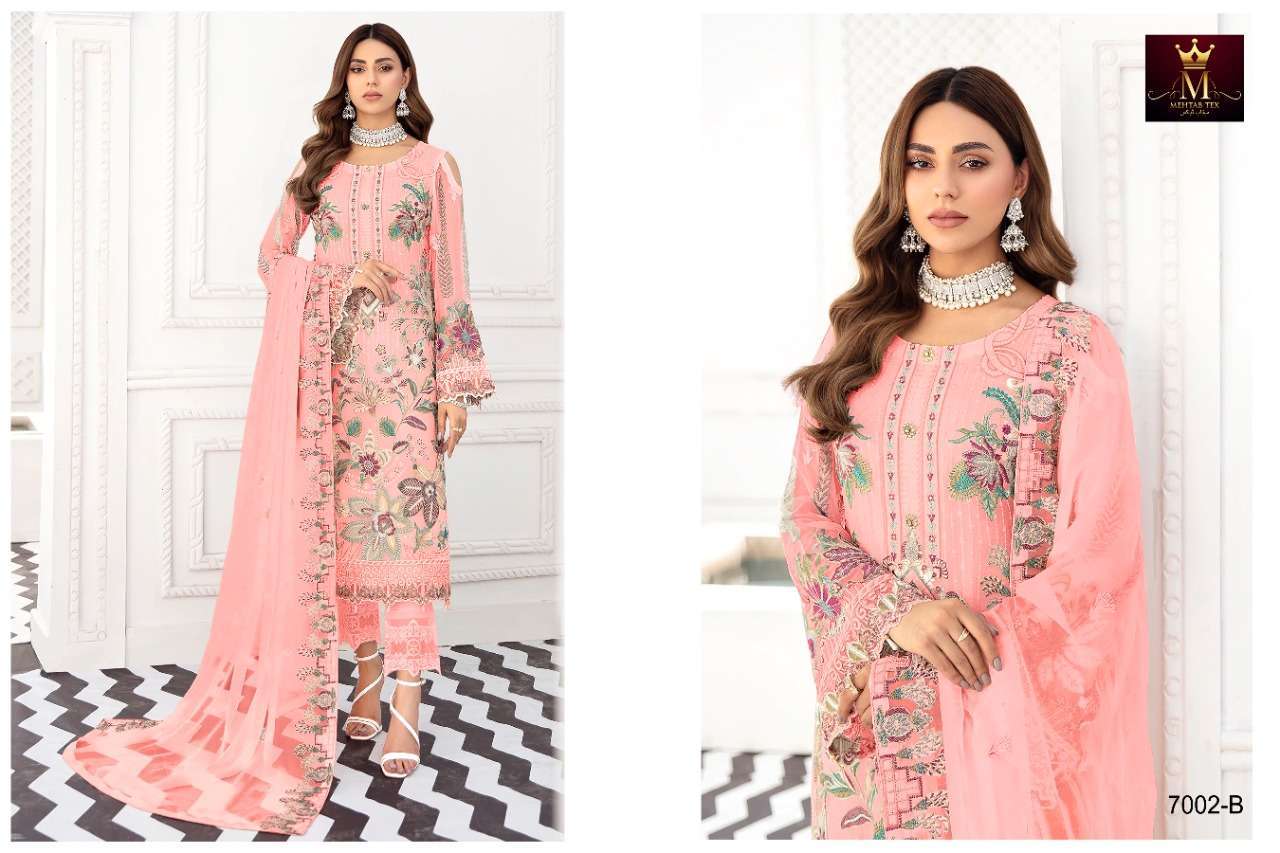 RAMSHA CHIFFON COLOUR BY MEHTAB TEX 7002-A TO 7002-D SERIES BEAUTIFUL PAKISTANI SUITS COLORFUL STYLISH FANCY CASUAL WEAR & ETHNIC WEAR FAUX GEORGETTE EMBROIDERED DRESSES AT WHOLESALE PRICE