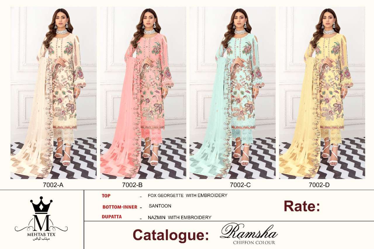 RAMSHA CHIFFON COLOUR BY MEHTAB TEX 7002-A TO 7002-D SERIES BEAUTIFUL PAKISTANI SUITS COLORFUL STYLISH FANCY CASUAL WEAR & ETHNIC WEAR FAUX GEORGETTE EMBROIDERED DRESSES AT WHOLESALE PRICE