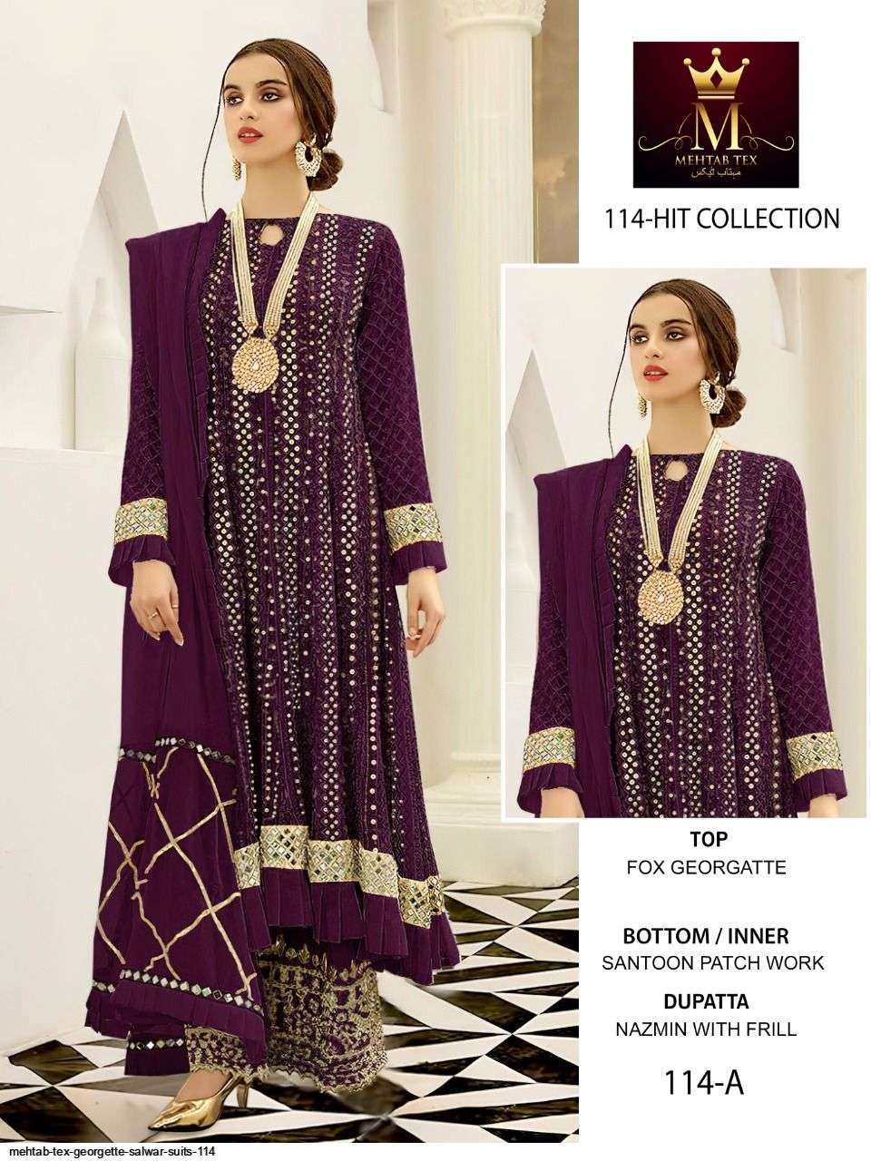 MEHTAB 114 COLOURS BY MEHTAB TEX 114-A TO 114-D SERIES BEAUTIFUL PAKISTANI SUITS COLORFUL STYLISH FANCY CASUAL WEAR & ETHNIC WEAR FAUX GEORGETTE EMBROIDERED DRESSES AT WHOLESALE PRICE
