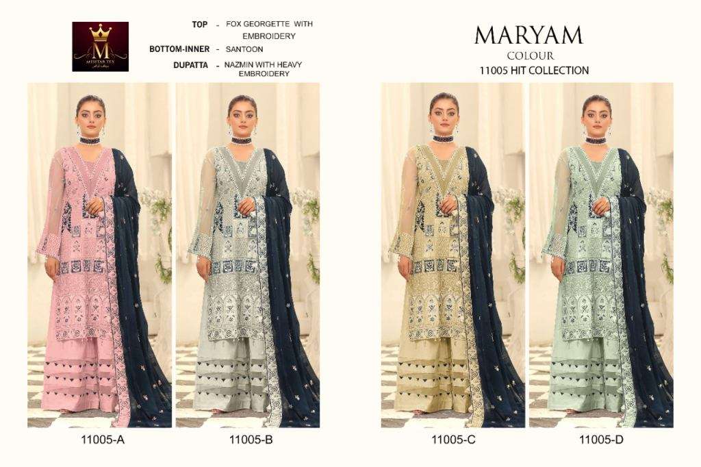MARYAM COLOUR BY MEHTAB TEX 11005-A TO 11005-D SERIES BEAUTIFUL PAKISTANI SUITS COLORFUL STYLISH FANCY CASUAL WEAR & ETHNIC WEAR FAUX GEORGETTE EMBROIDERED DRESSES AT WHOLESALE PRICE