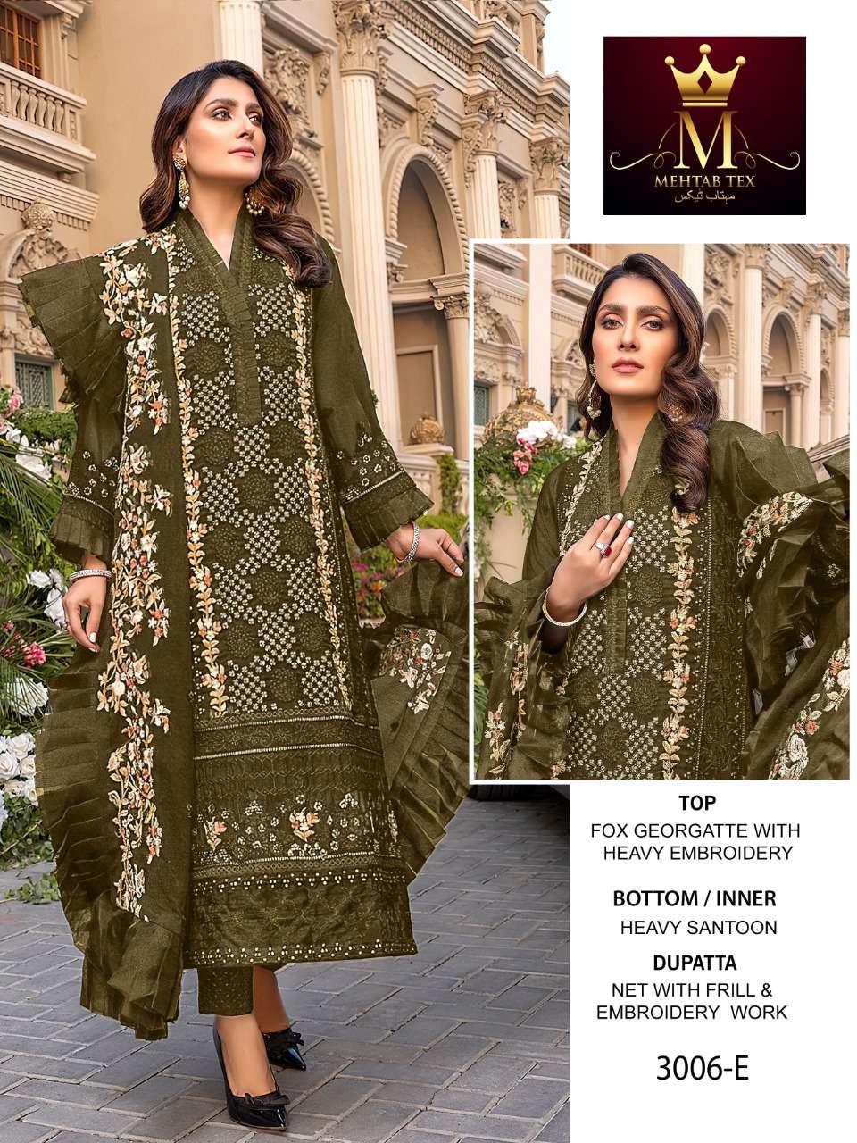 AZURE COLOUR BY MEHTAB TEX 3006-A TO 3006-E SERIES PAKISTANI SUITS BEAUTIFUL FANCY COLORFUL STYLISH PARTY WEAR & OCCASIONAL WEAR FAUX GEORGETTE WITH EMBROIDERY DRESSES AT WHOLESALE PRICE
