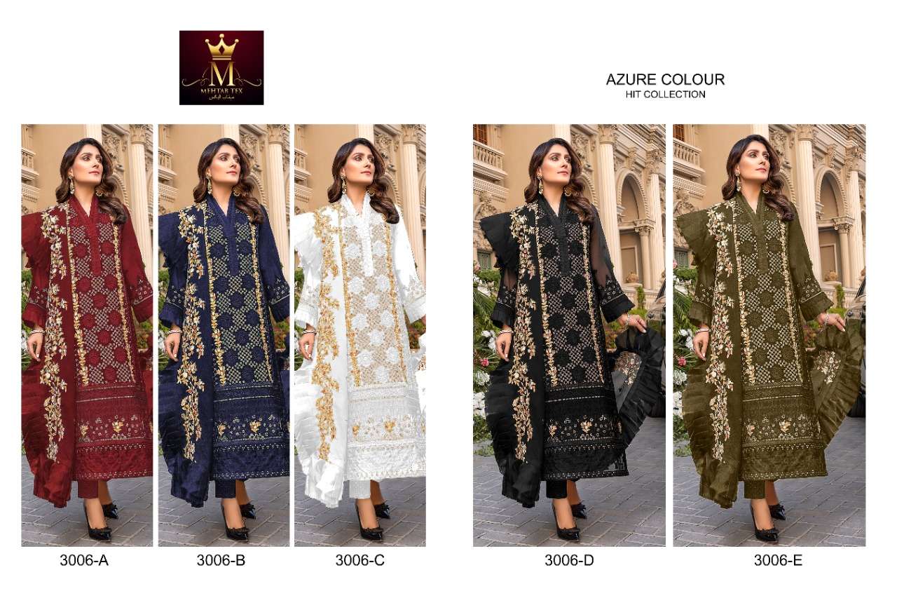 AZURE COLOUR BY MEHTAB TEX 3006-A TO 3006-E SERIES PAKISTANI SUITS BEAUTIFUL FANCY COLORFUL STYLISH PARTY WEAR & OCCASIONAL WEAR FAUX GEORGETTE WITH EMBROIDERY DRESSES AT WHOLESALE PRICE