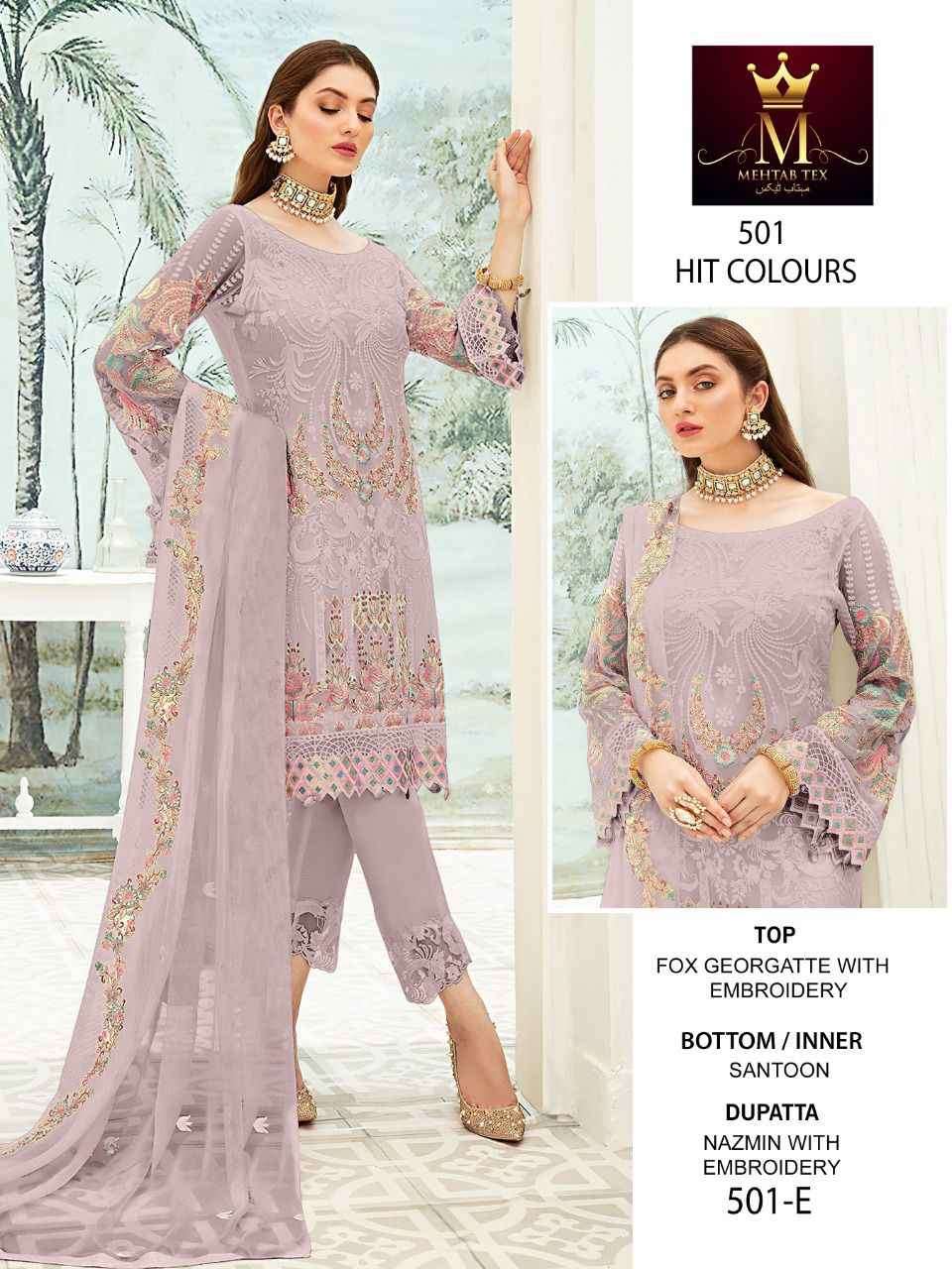 MEHTAB 501 COLOURS BY MEHTAB TEX 501-A TO 501-E SERIES BEAUTIFUL PAKISTANI SUITS COLORFUL STYLISH FANCY CASUAL WEAR & ETHNIC WEAR FAUX GEORGETTE DRESSES AT WHOLESALE PRICE
