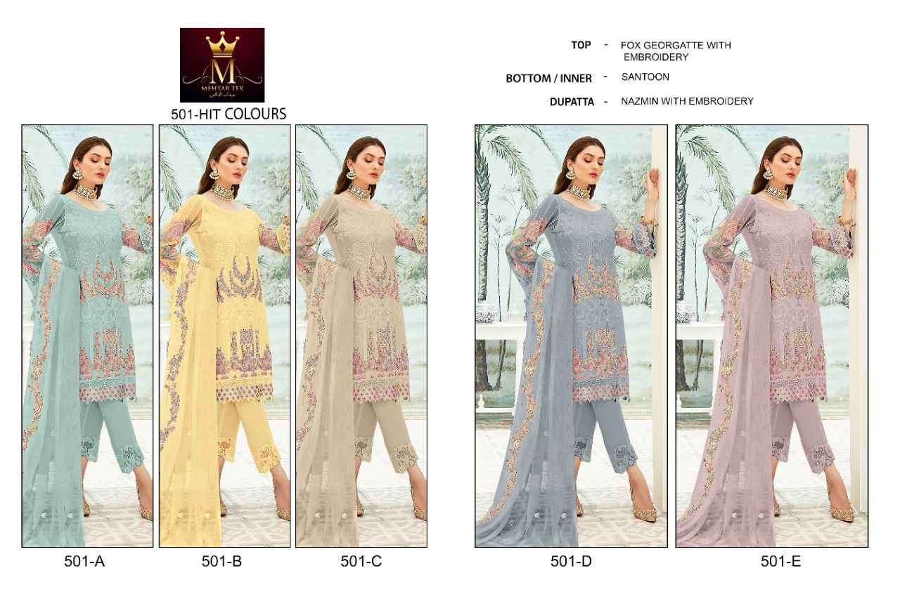 MEHTAB 501 COLOURS BY MEHTAB TEX 501-A TO 501-E SERIES BEAUTIFUL PAKISTANI SUITS COLORFUL STYLISH FANCY CASUAL WEAR & ETHNIC WEAR FAUX GEORGETTE DRESSES AT WHOLESALE PRICE