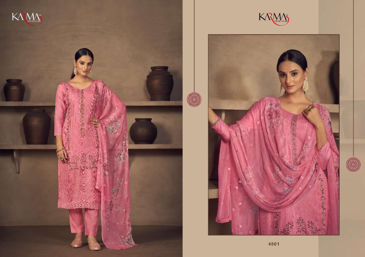 NIHARIKA BY KARMA TRENDZ 4500 TO 4505 SERIES BEAUTIFUL SUITS STYLISH FANCY COLORFUL CASUAL WEAR & ETHNIC WEAR PURE MUSLIN DRESSES AT WHOLESALE PRICE