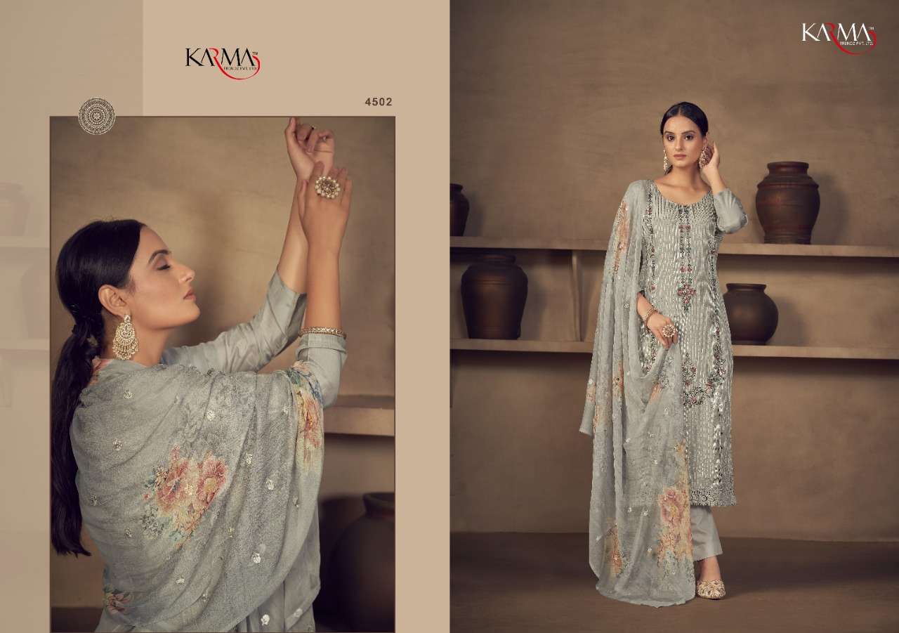 NIHARIKA BY KARMA TRENDZ 4500 TO 4505 SERIES BEAUTIFUL SUITS STYLISH FANCY COLORFUL CASUAL WEAR & ETHNIC WEAR PURE MUSLIN DRESSES AT WHOLESALE PRICE