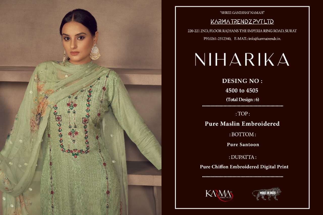 NIHARIKA BY KARMA TRENDZ 4500 TO 4505 SERIES BEAUTIFUL SUITS STYLISH FANCY COLORFUL CASUAL WEAR & ETHNIC WEAR PURE MUSLIN DRESSES AT WHOLESALE PRICE