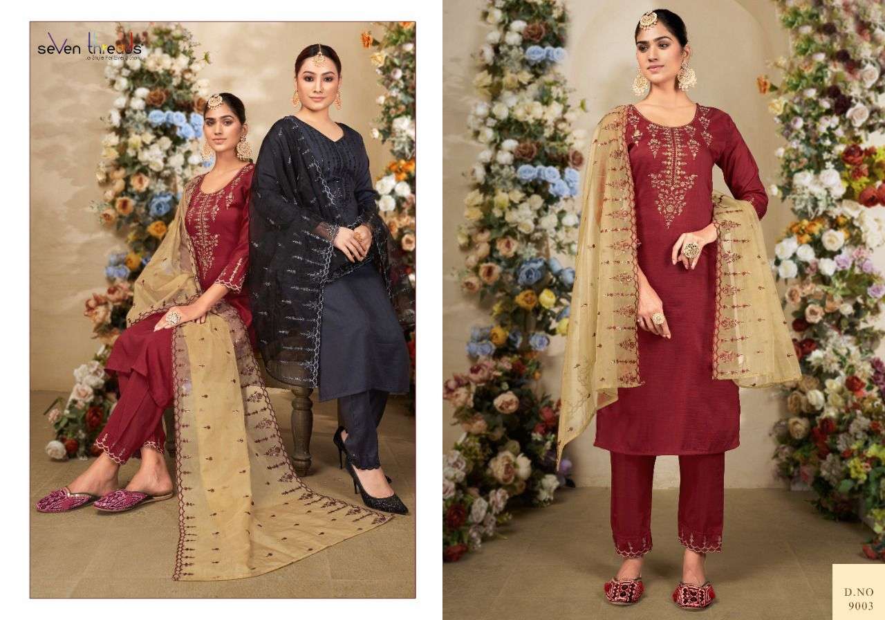 REHNUMA BY SEVEN THREADS 9001 TO 9007 SERIES BEAUTIFUL SUITS STYLISH FANCY COLORFUL CASUAL WEAR & ETHNIC WEAR BEMBERG SILK DRESSES AT WHOLESALE PRICE