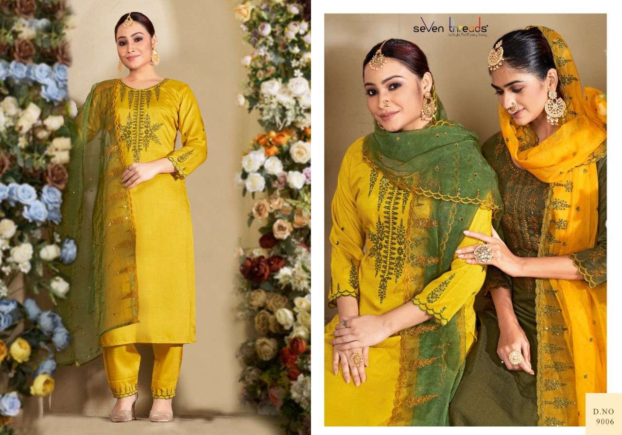 REHNUMA BY SEVEN THREADS 9001 TO 9007 SERIES BEAUTIFUL SUITS STYLISH FANCY COLORFUL CASUAL WEAR & ETHNIC WEAR BEMBERG SILK DRESSES AT WHOLESALE PRICE