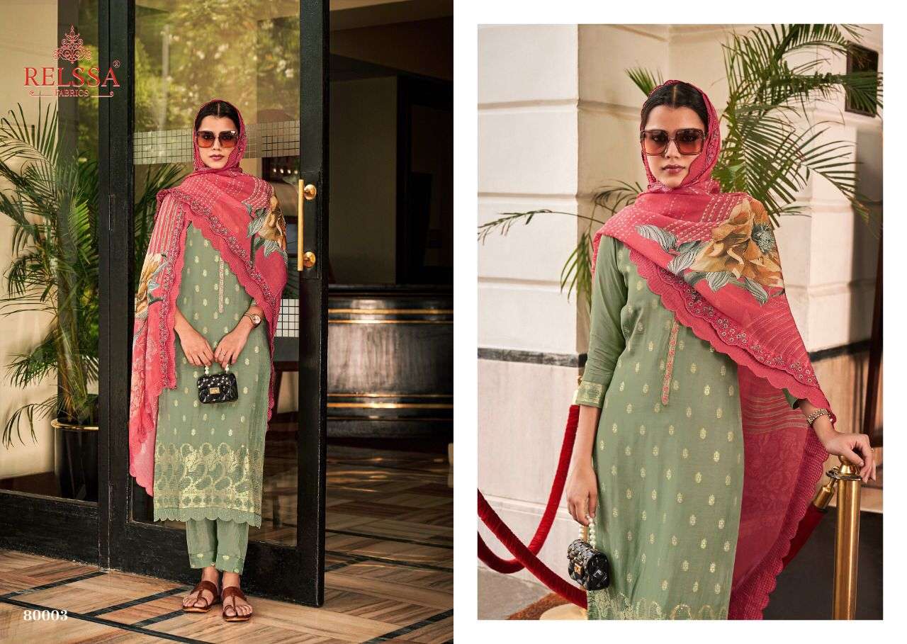 RUBINA VOL-9 BY RELSAA FABRICS 80001 TO 80006 SERIES BEAUTIFUL SUITS STYLISH FANCY COLORFUL CASUAL WEAR & ETHNIC WEAR PURE SILK JACQUARD DRESSES AT WHOLESALE PRICE