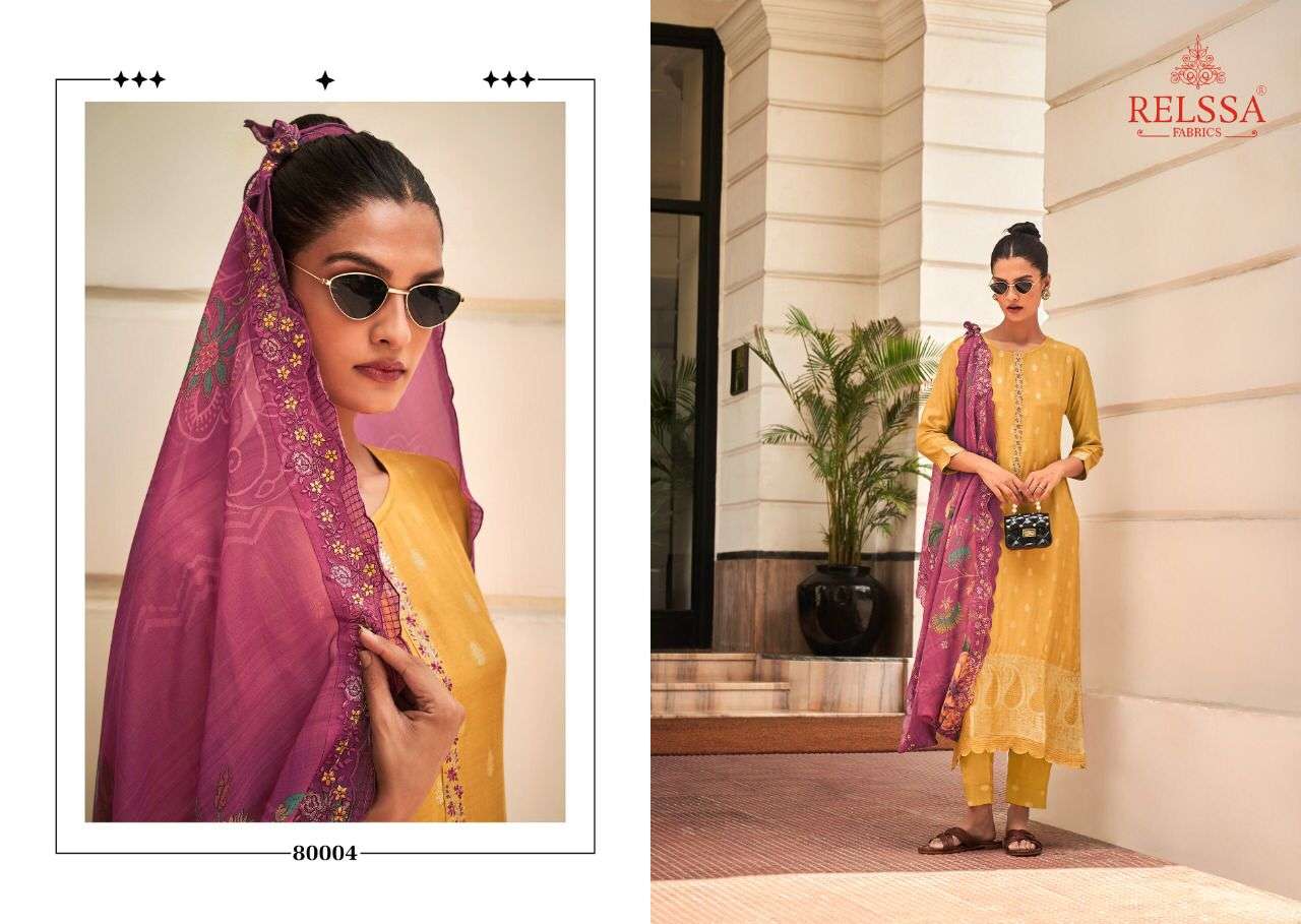 RUBINA VOL-9 BY RELSAA FABRICS 80001 TO 80006 SERIES BEAUTIFUL SUITS STYLISH FANCY COLORFUL CASUAL WEAR & ETHNIC WEAR PURE SILK JACQUARD DRESSES AT WHOLESALE PRICE