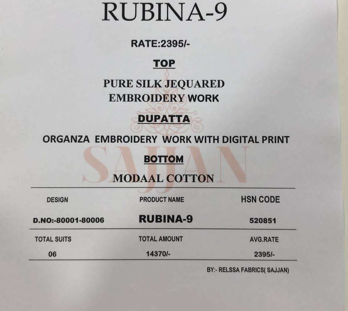 RUBINA VOL-9 BY RELSAA FABRICS 80001 TO 80006 SERIES BEAUTIFUL SUITS STYLISH FANCY COLORFUL CASUAL WEAR & ETHNIC WEAR PURE SILK JACQUARD DRESSES AT WHOLESALE PRICE