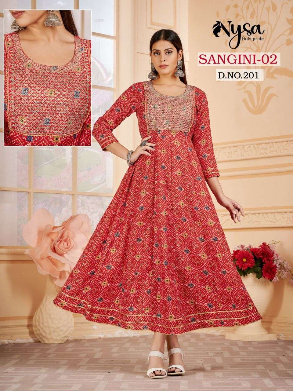 SANGINI VOL-2 BY NYSA 201 TO 204 SERIES BEAUTIFUL STYLISH FANCY COLORFUL CASUAL WEAR & ETHNIC WEAR & READY TO WEAR CAPSULE BANDHEJ PRINT GOWNS AT WHOLESALE PRICE