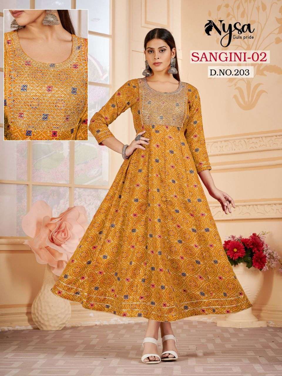 SANGINI VOL-2 BY NYSA 201 TO 204 SERIES BEAUTIFUL STYLISH FANCY COLORFUL CASUAL WEAR & ETHNIC WEAR & READY TO WEAR CAPSULE BANDHEJ PRINT GOWNS AT WHOLESALE PRICE