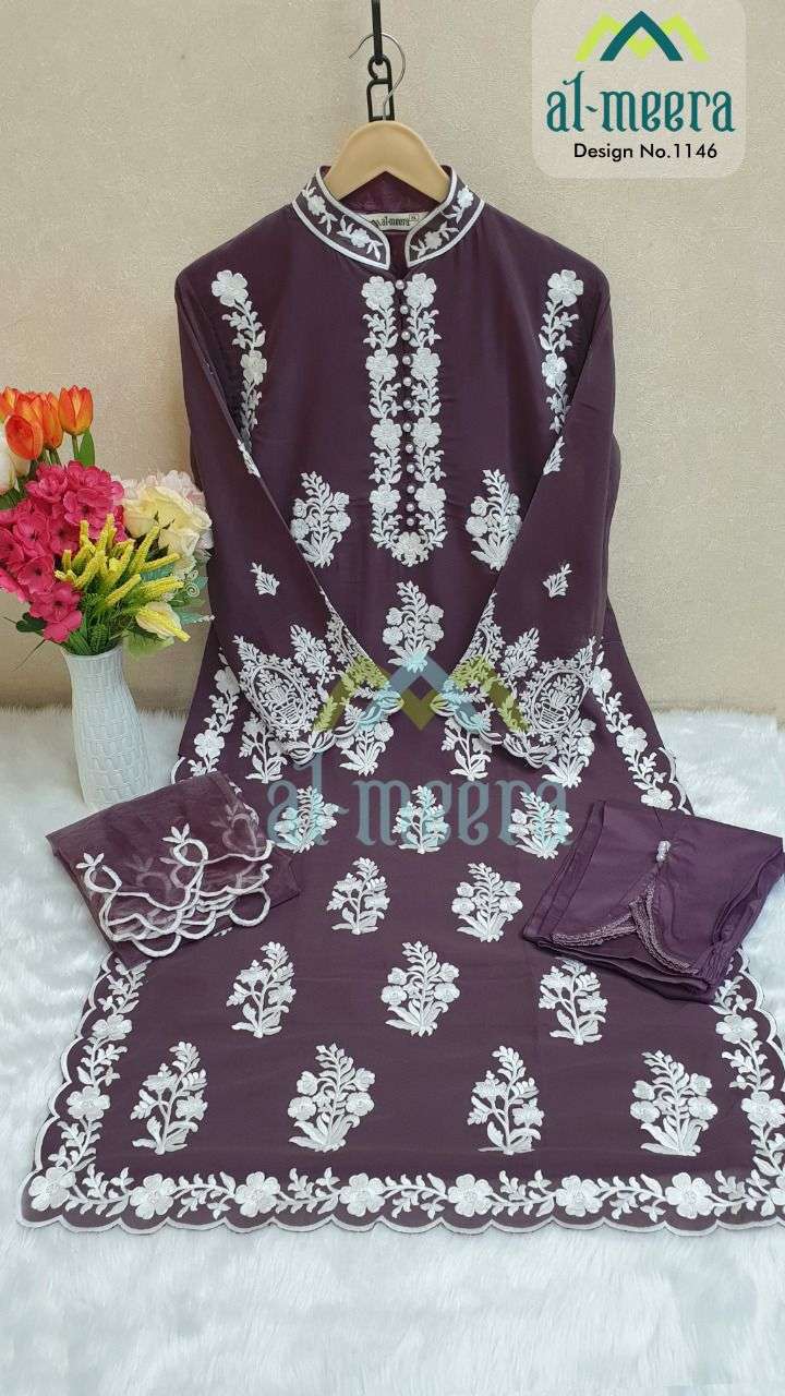 AL-MEERA HIT DESIGN 1146 COLOURS VOL-2 BY AL-MEERA 1146-D TO 1146-G SERIES BEAUTIFUL PAKISTANI SUITS COLORFUL STYLISH FANCY CASUAL WEAR & ETHNIC WEAR FAUX GEORGETTE EMBROIDERED DRESSES AT WHOLESALE PRICE